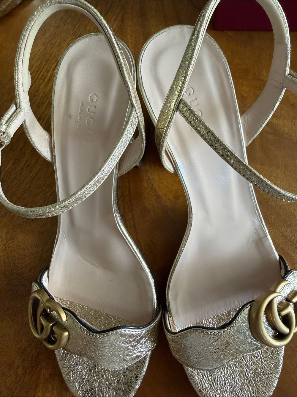 Gucci Gold Metallic Block Heel Sandals with Double G Hardware - Picture 3 of 8